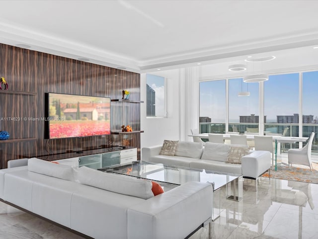 living room featuring wooden walls and expansive windows