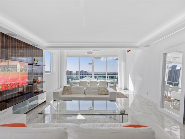 living room with a tray ceiling