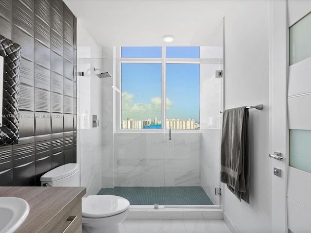 bathroom featuring vanity, a shower with door, tile walls, and toilet