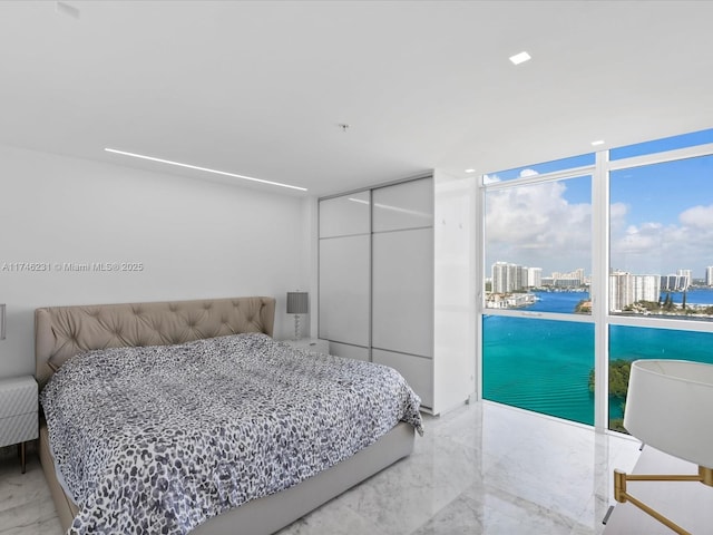 bedroom with floor to ceiling windows and a closet