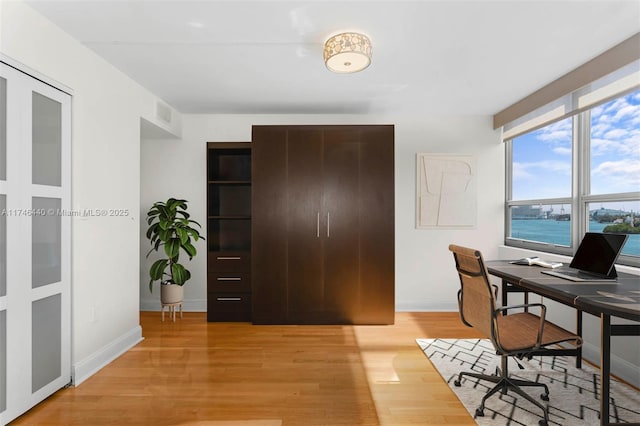 office space featuring a water view and light hardwood / wood-style flooring