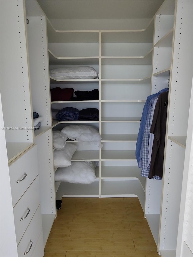 walk in closet with light hardwood / wood-style floors