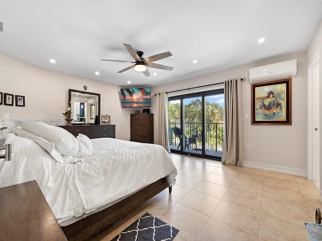 tiled bedroom with a wall mounted AC, access to outside, and ceiling fan