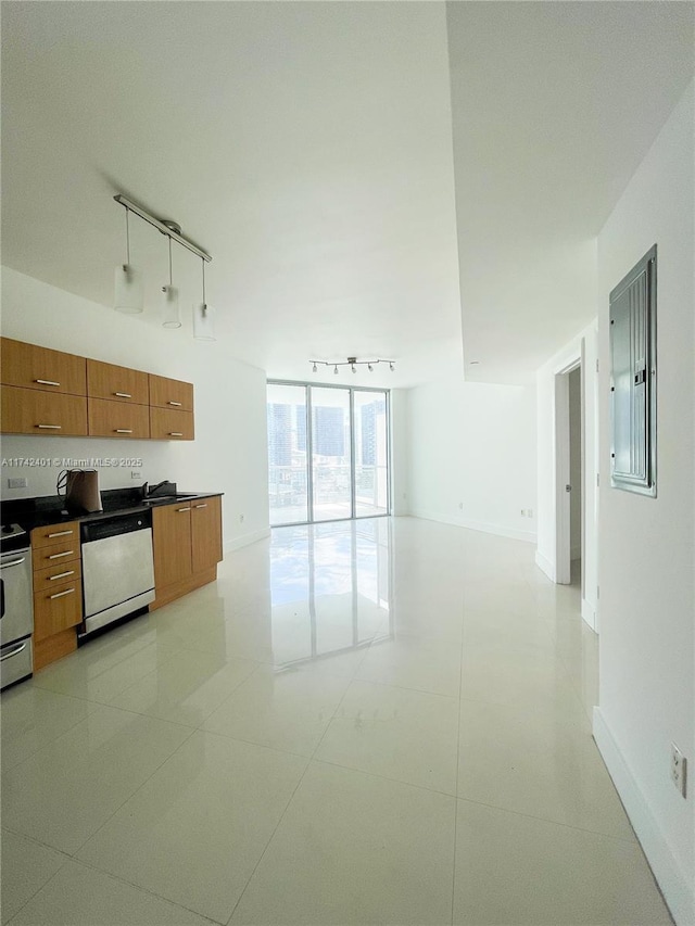 kitchen with decorative light fixtures, light tile patterned floors, electric panel, stainless steel appliances, and track lighting