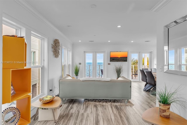 living room with crown molding, plenty of natural light, and light hardwood / wood-style flooring