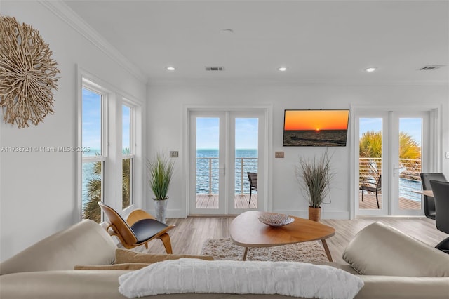 living room featuring ornamental molding, light wood-type flooring, and plenty of natural light