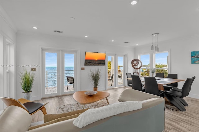 living room featuring ornamental molding, plenty of natural light, and light hardwood / wood-style floors