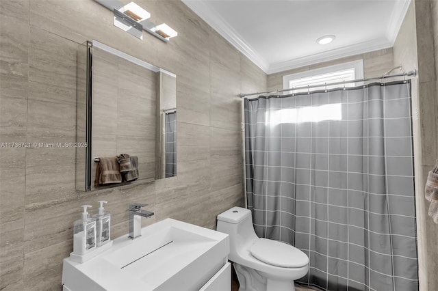 bathroom featuring crown molding, toilet, tile walls, and walk in shower