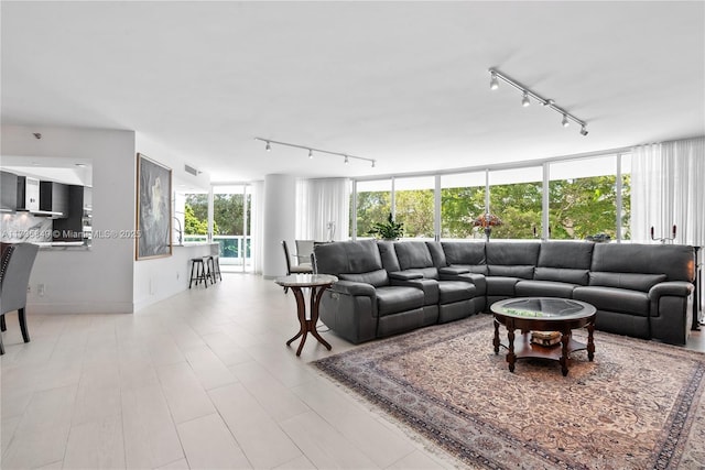 living room featuring track lighting