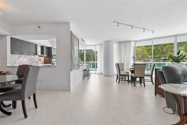 dining space featuring expansive windows and track lighting