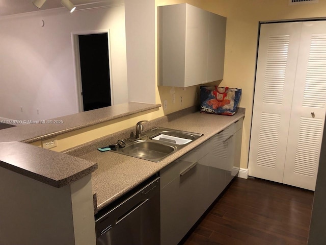 kitchen featuring black dishwasher, sink, and dark hardwood / wood-style flooring