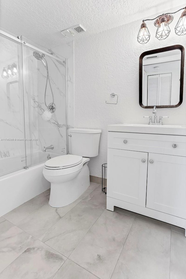 full bathroom featuring visible vents, toilet, enclosed tub / shower combo, a textured ceiling, and vanity