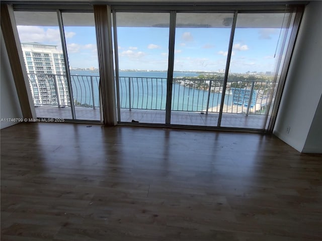 spare room with a water view, a healthy amount of sunlight, dark hardwood / wood-style flooring, and floor to ceiling windows