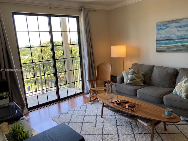 living room featuring ornamental molding and wood-type flooring