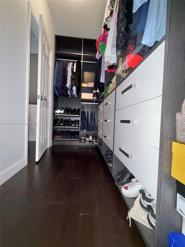 spacious closet with dark wood finished floors