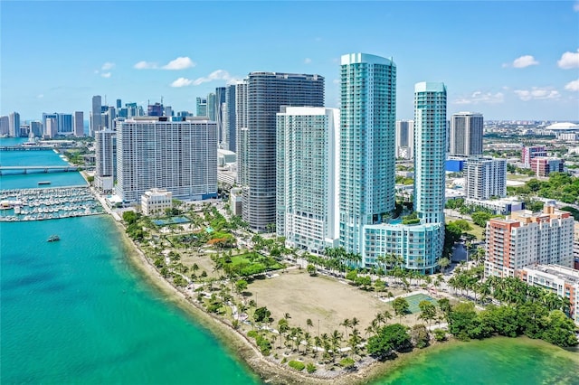 drone / aerial view featuring a beach view, a water view, and a city view