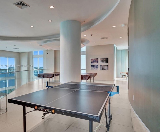 playroom with baseboards, light tile patterned flooring, visible vents, and recessed lighting