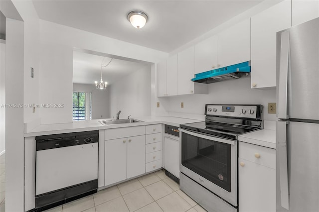 kitchen with light tile patterned flooring, sink, hanging light fixtures, stainless steel appliances, and white cabinets