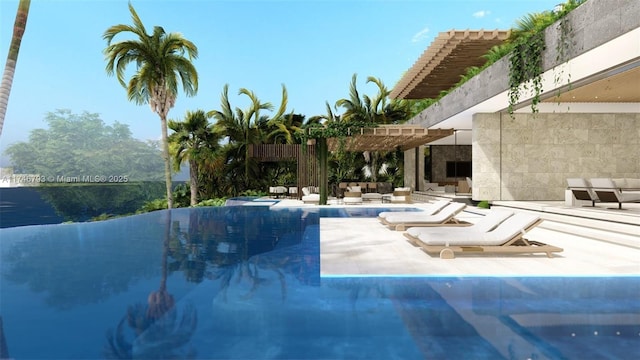 228302 W Dilido Dr, Miami Beach, FL 33139 - view of swimming pool featuring a patio, an infinity pool, an outdoor hangout area, and a pergola