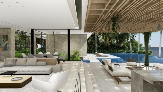 228302 W Dilido Dr, Miami Beach, FL 33139 - view of patio with an outdoor hangout area, an infinity pool, outdoor dining space, and a water view