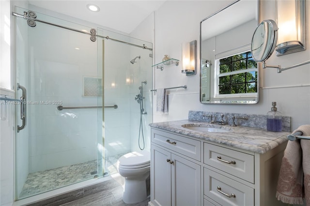 bathroom with toilet, vanity, and walk in shower