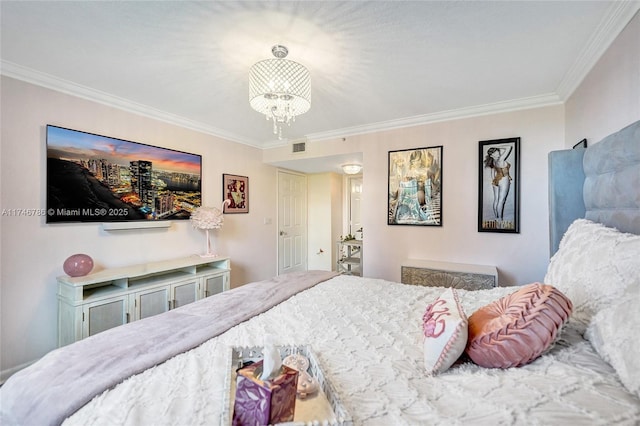 bedroom featuring a notable chandelier and ornamental molding