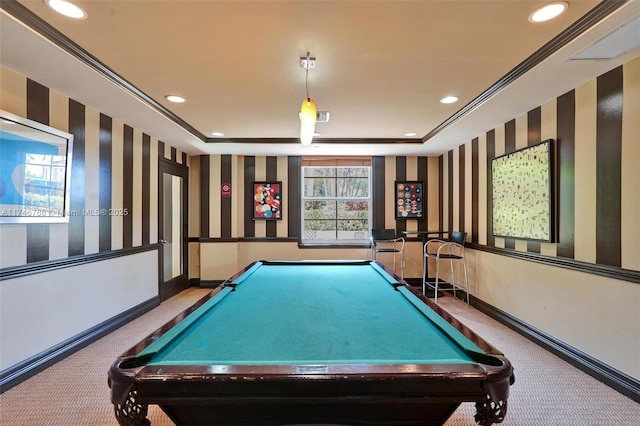 playroom with ornamental molding and carpet floors