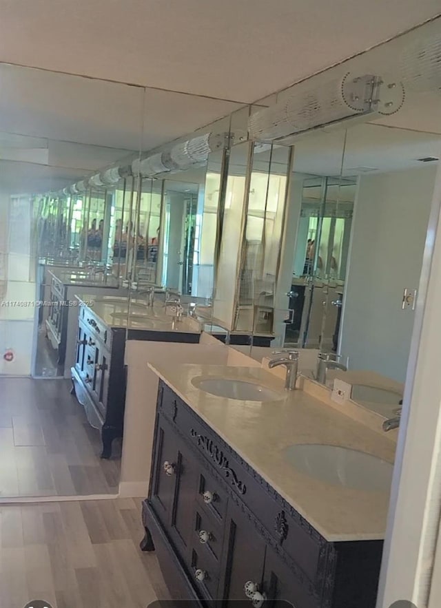 bathroom with vanity and hardwood / wood-style flooring