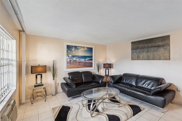 tiled living room with a textured ceiling