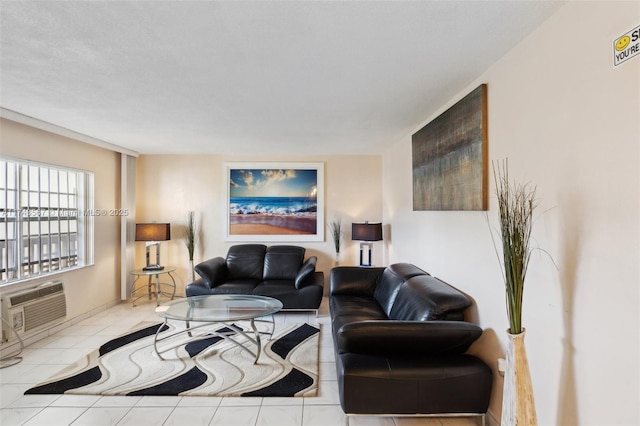 tiled living room with a wall mounted air conditioner