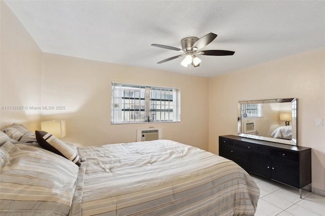 bedroom with an AC wall unit, ceiling fan, and light tile patterned flooring