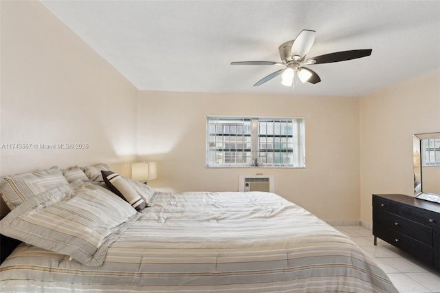 tiled bedroom featuring ceiling fan and a wall mounted AC