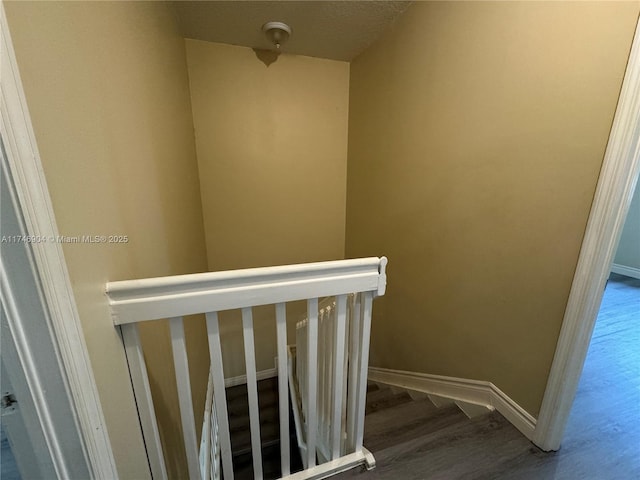 staircase with hardwood / wood-style flooring