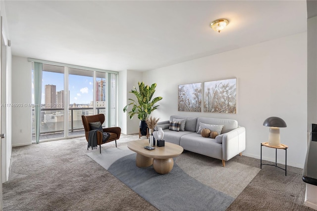 carpeted living room featuring expansive windows