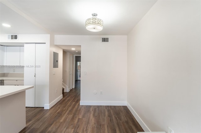 interior space with electric panel and dark hardwood / wood-style flooring