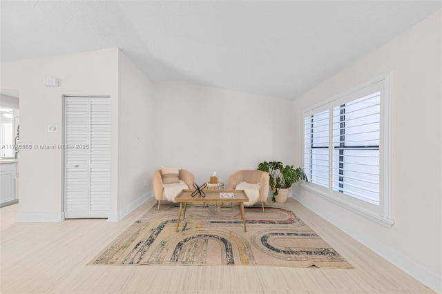 sitting room featuring vaulted ceiling, a textured ceiling, and light wood-type flooring