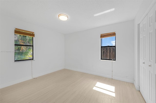 spare room with a textured ceiling and light hardwood / wood-style flooring