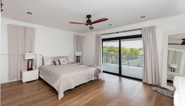 bedroom featuring light wood-type flooring, access to outside, a ceiling fan, and recessed lighting