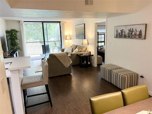 living room with dark hardwood / wood-style flooring