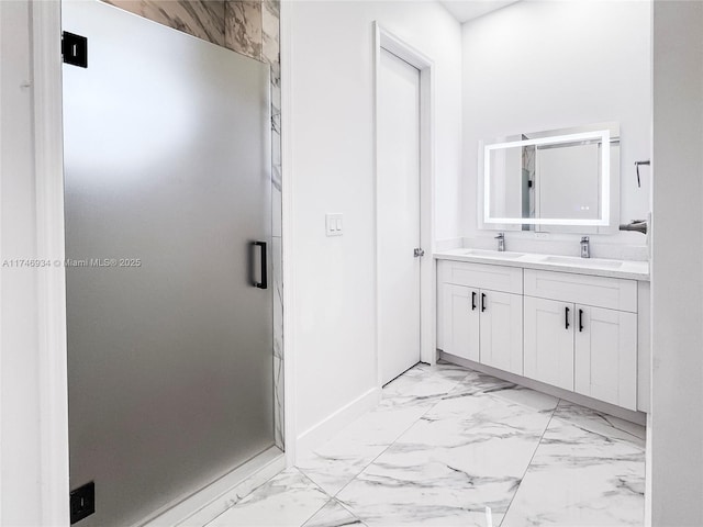 312 SE Via Sangro Prt, St Lucie, FL 34952 - bathroom featuring double vanity, marble finish floors, and a stall shower
