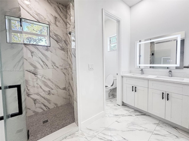 312 SE Via Sangro Prt, St Lucie, FL 34952 - bathroom with marble look tile flooring, a marble finish shower, and double vanity