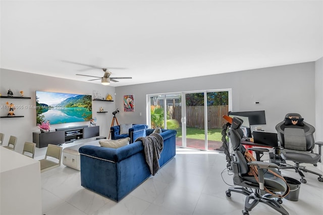 living room featuring ceiling fan