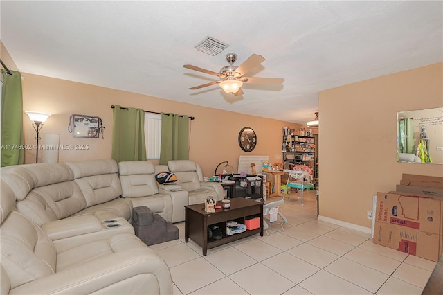 living room with a ceiling fan, visible vents, and light tile patterned flooring