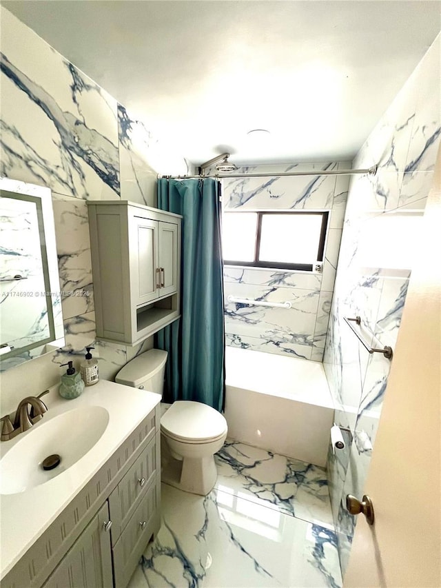 2713 NW 53rd St, Tamarac, FL 33309 - bathroom with marble finish floor, toilet, vanity, and shower / tub combo with curtain