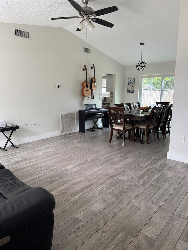 interior space with ceiling fan with notable chandelier, light hardwood / wood-style flooring, vaulted ceiling, and a textured ceiling