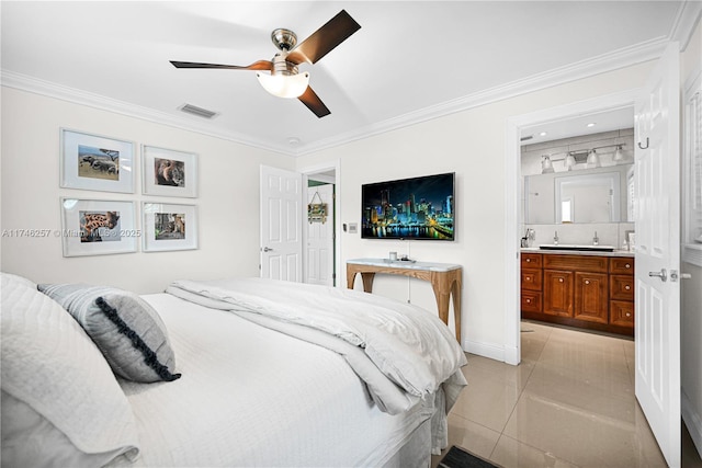 bedroom featuring light tile patterned floors, visible vents, and crown molding