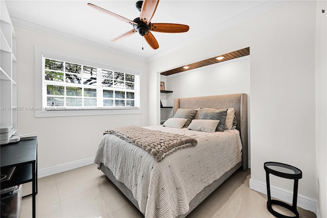 bedroom featuring ceiling fan, crown molding, baseboards, and light tile patterned floors