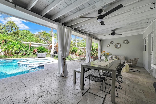 view of patio / terrace with ceiling fan, outdoor dining area, a fenced backyard, and a pool with connected hot tub