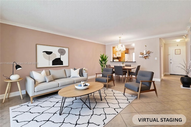 301 NE 14th Ave Unit 201, Hallandale Beach, FL 33009 - living room with crown molding, a chandelier, light tile patterned flooring, baseboards, and a textured ceiling