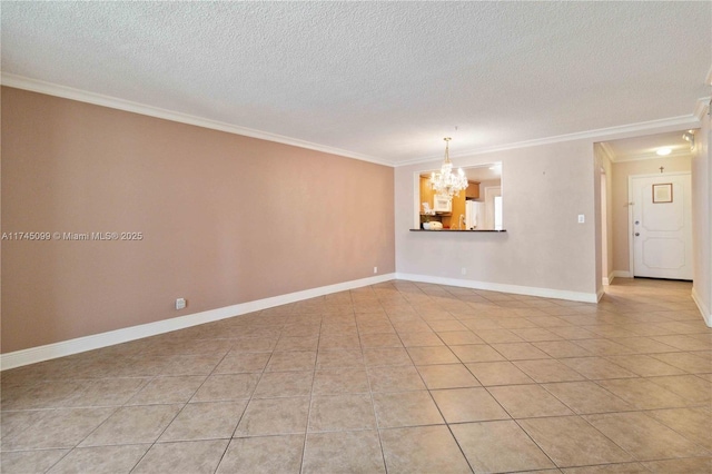 301 NE 14th Ave Unit 201, Hallandale Beach, FL 33009 - unfurnished room featuring crown molding, a chandelier, a textured ceiling, baseboards, and light tile patterned floors